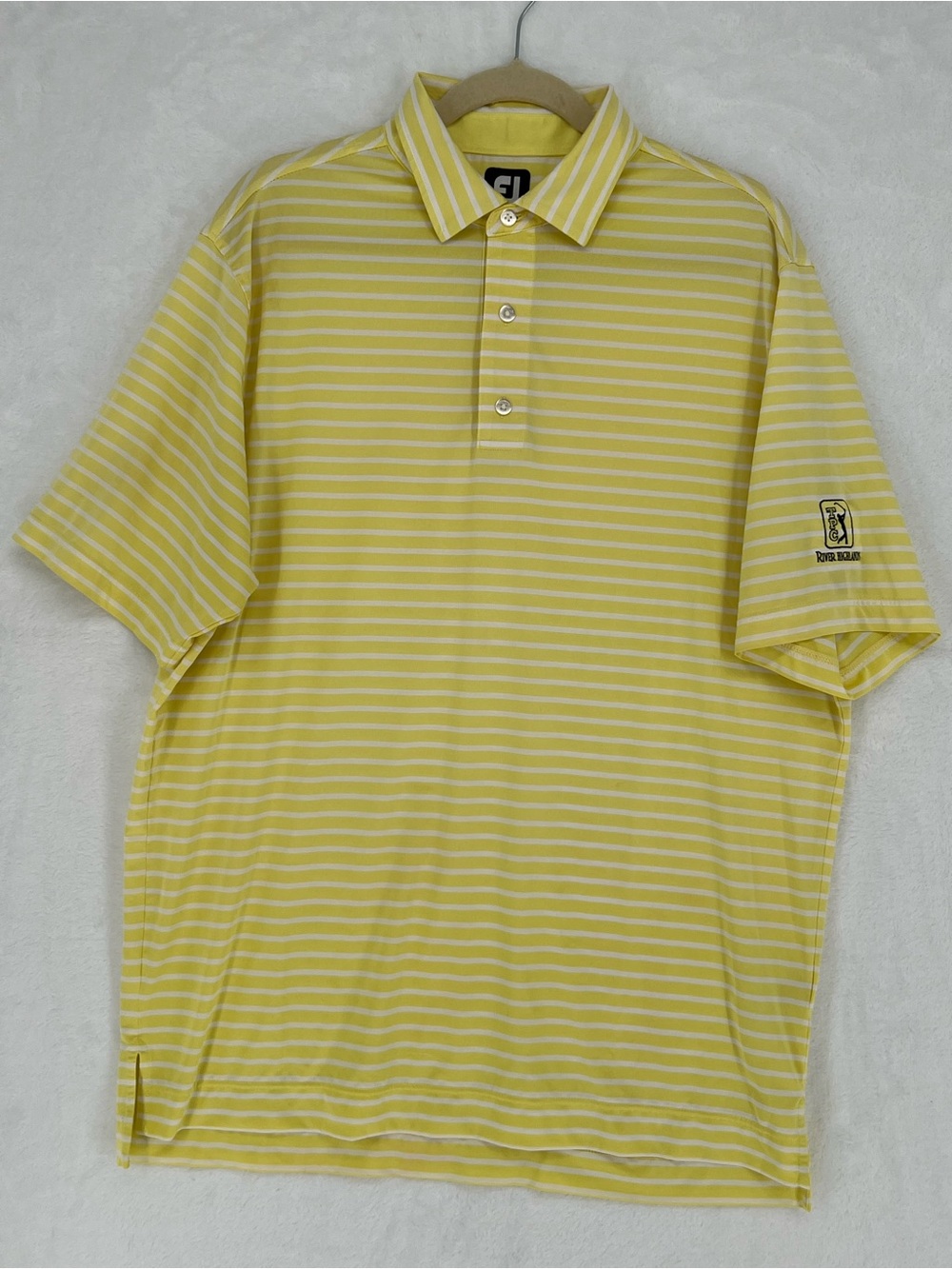 FootJoy TPC River Highlands Golf Polo Shirt Mens Sz L Yellow Striped Performance